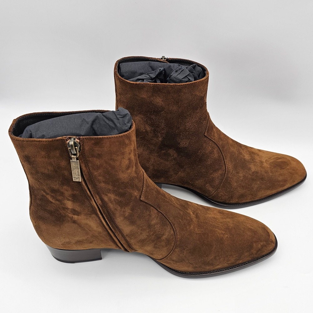 Saint Laurent Mens Wyatt 40 Zip Boot Suede Leather Ankle Tobacco Brown Size 9.5 - Picture 3 of 11